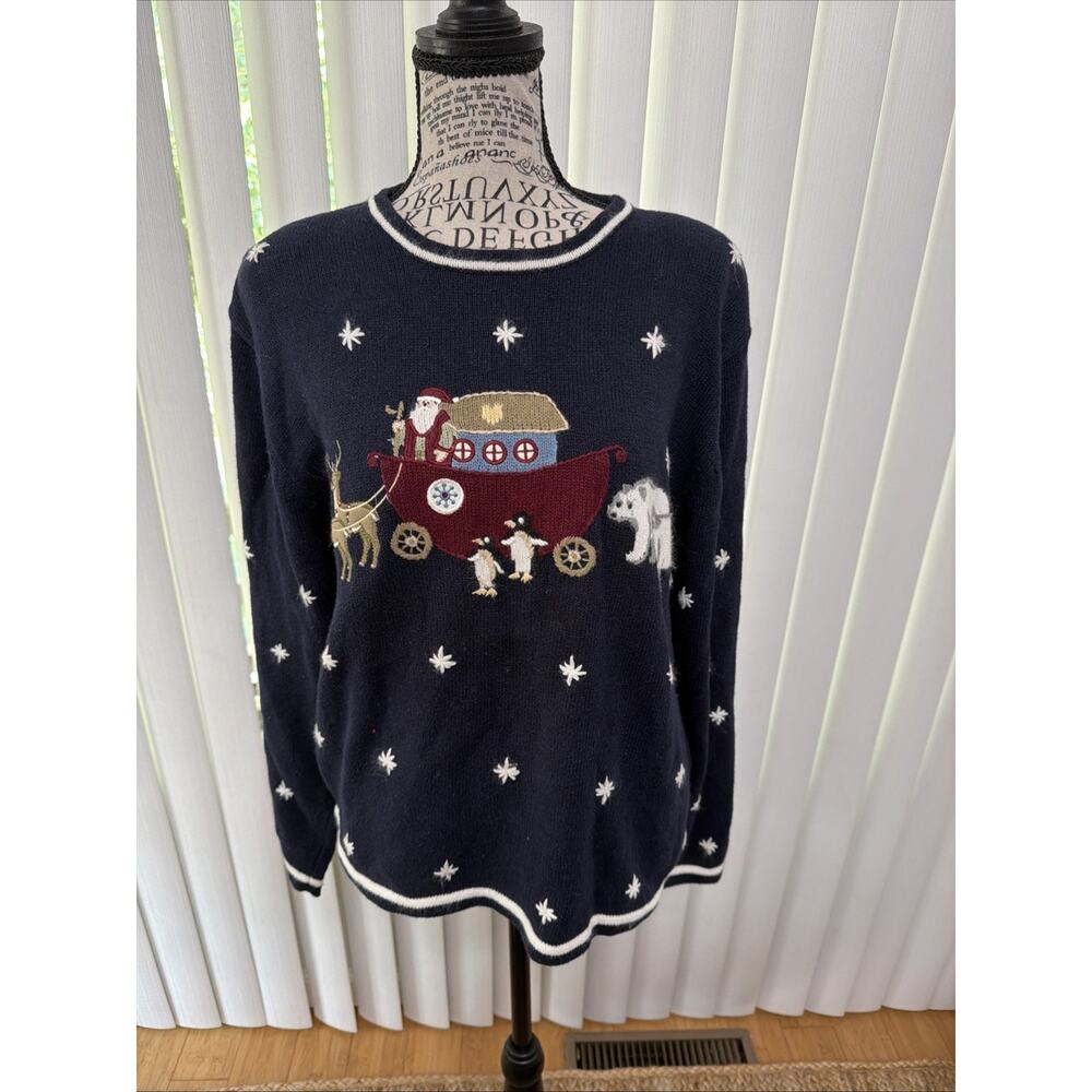 Christopher & Banks Christmas Sweater Hand Embroidered Holiday Santa Snow Sz XL - Picture 2 of 6